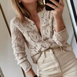 Autumn Embroidery Lace Hollow Blouse Shirts Women Elegant Crew Neck Button Jacquard Top Sexy Crochet Long Sleeve Knitted Sweater