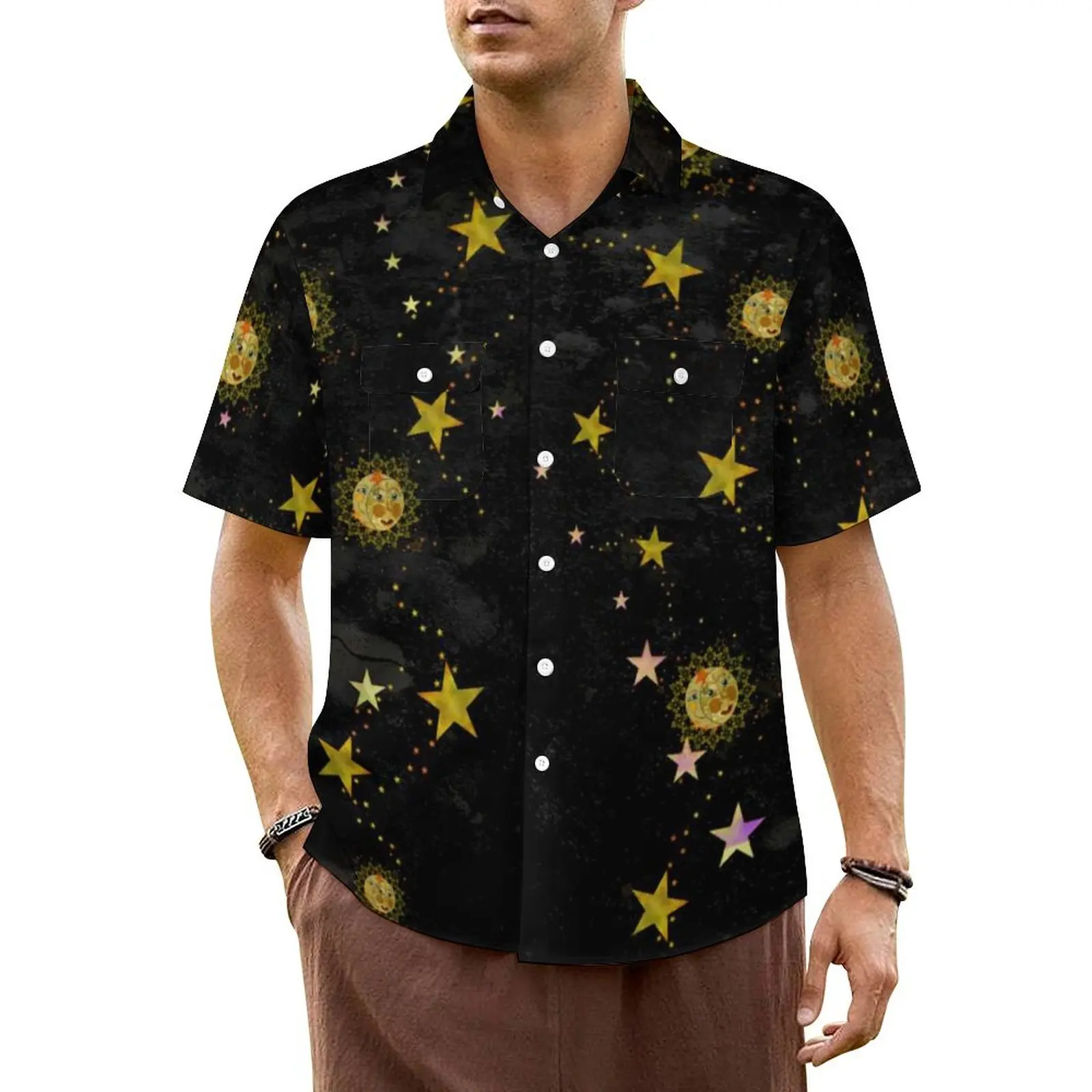 

Sun Abstract Design Casual Shirt Moon and Stars Retro Hawaii Shirts Male Short Sleeve Beach Fashion Graphic Oversize Blouses