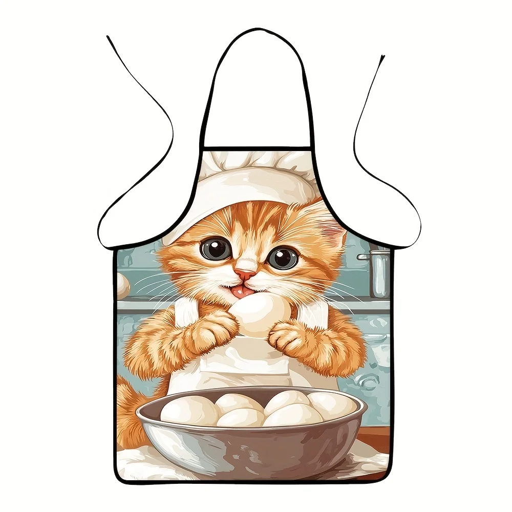 Chef Cat Apron – Adorable Kitten in Hat Cracking Eggs, Waterproof Polyester, 28x39in, Unisex Kitchen BBQ Gift