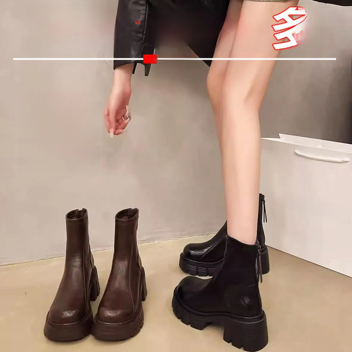 

Fashionable Thick Bottom Short Boots Women's Autumn Winter New Style Zipper Back British Style Boots Leather Material