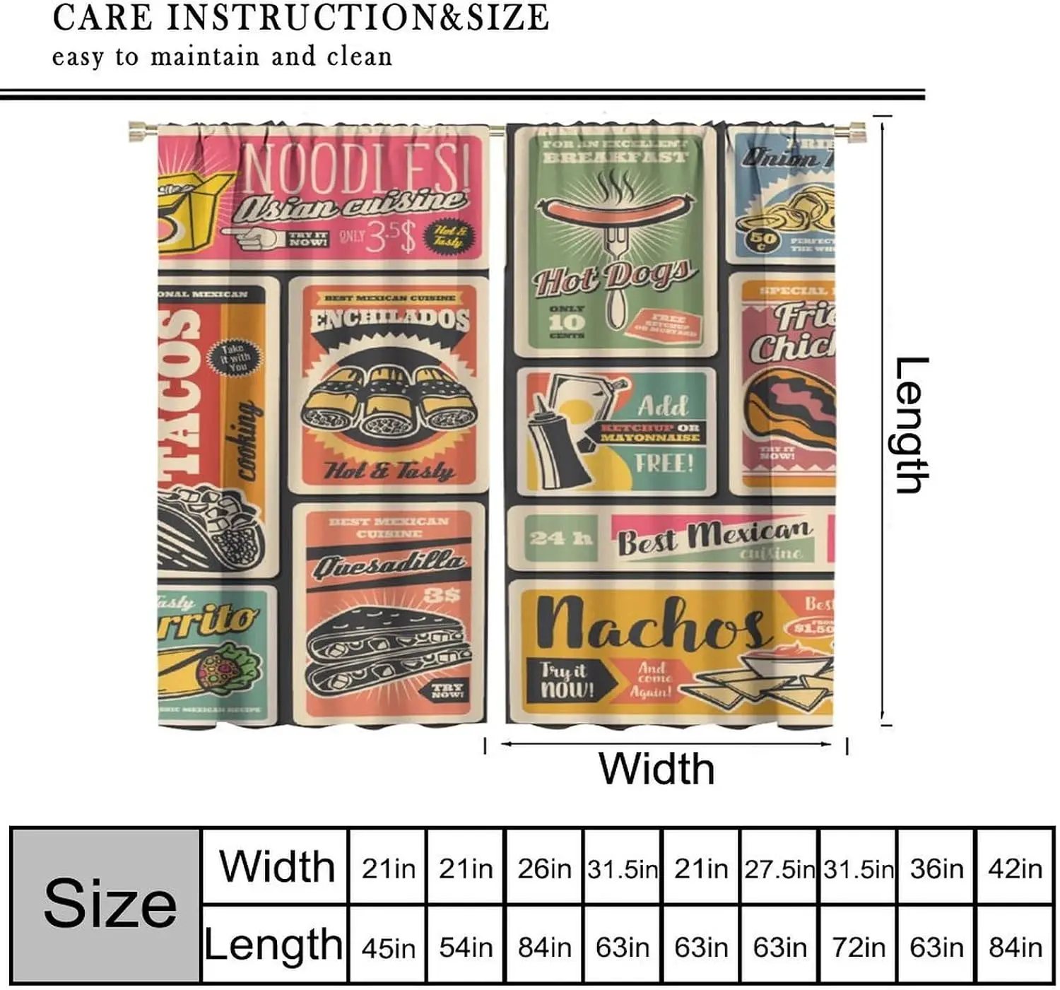 Classic Vintage Fast Food Collage Curtain 2 Panels, tacos quesadilla fried chicken poster pattern hotel kitchen dining homestay