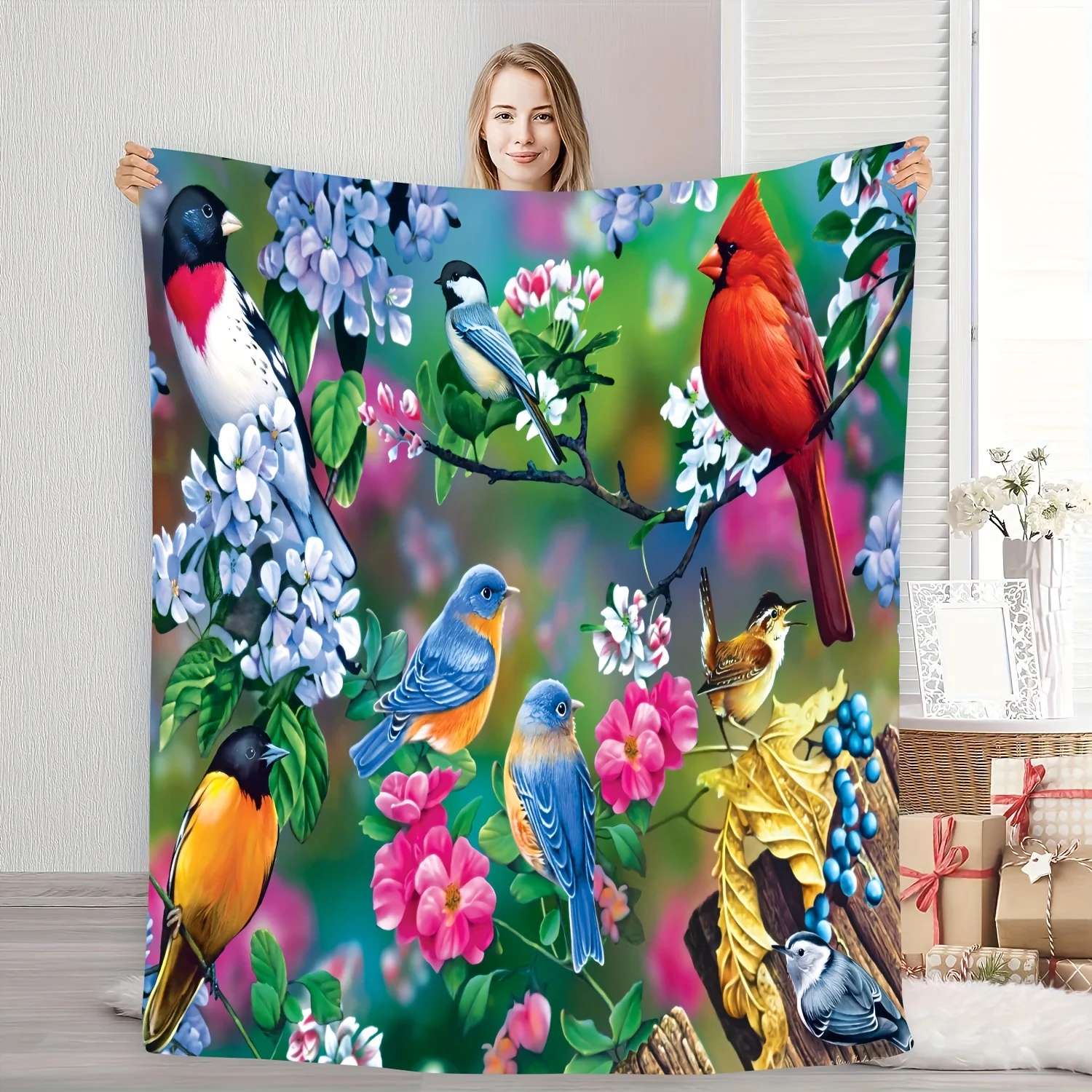 Cozy & Colorful Bird-Themed Flannel Throw Blanket,with Red Cardinal, Bluebirds, and Pink Flowers,for Home Decor, Camping, Travel