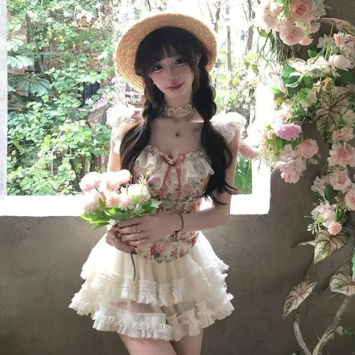 MAGOGO French Style Pastoral Lolita Retro Girls Sweet Sling Floral Blouse Fluffy Short Skirt Summer New Skirts Set