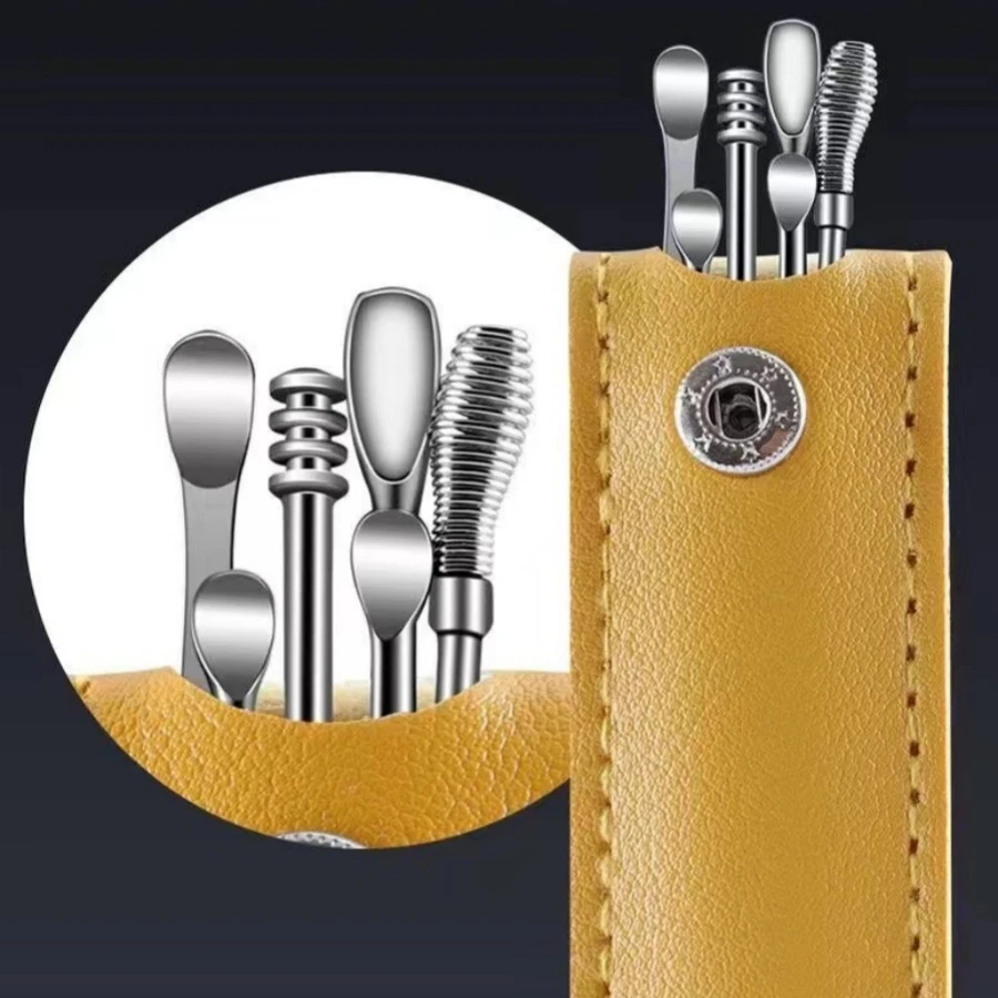 6 Pcs Ear Pick Earwax Removal Kit Stainless Steel Ear Cleansing Tool Set Ear Curette Ear Wax Remover Tool with Leather Sheath image 2