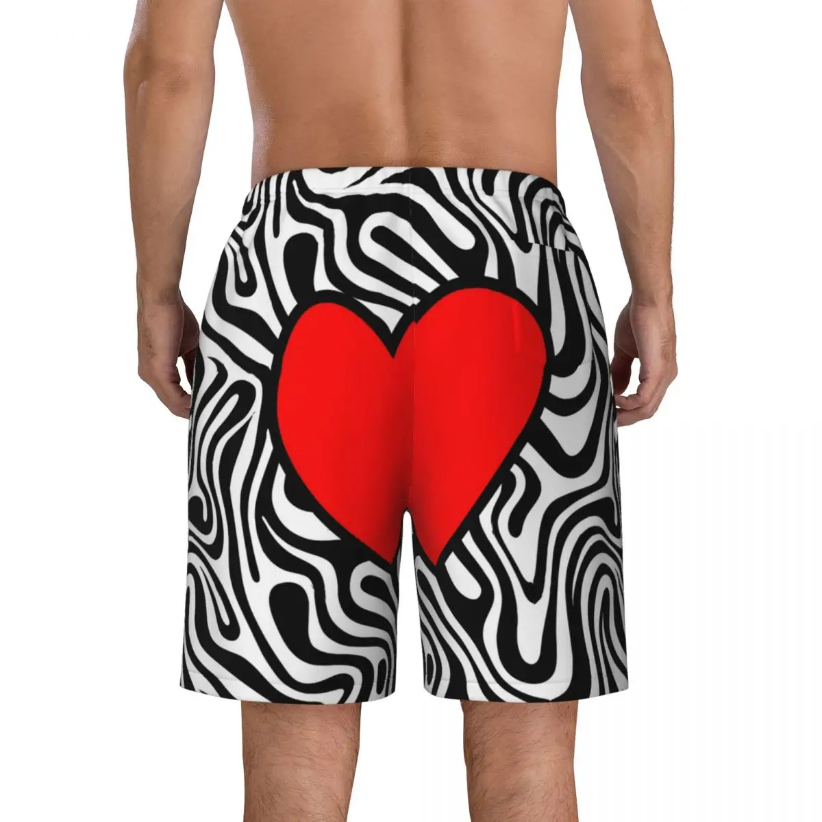 Pantaloncini da surf da uomo Costume da bagno casual a righe zebrate Cuore rosso Pantaloni corti da spiaggia oversize alla moda sportivi ad asciugatura rapida