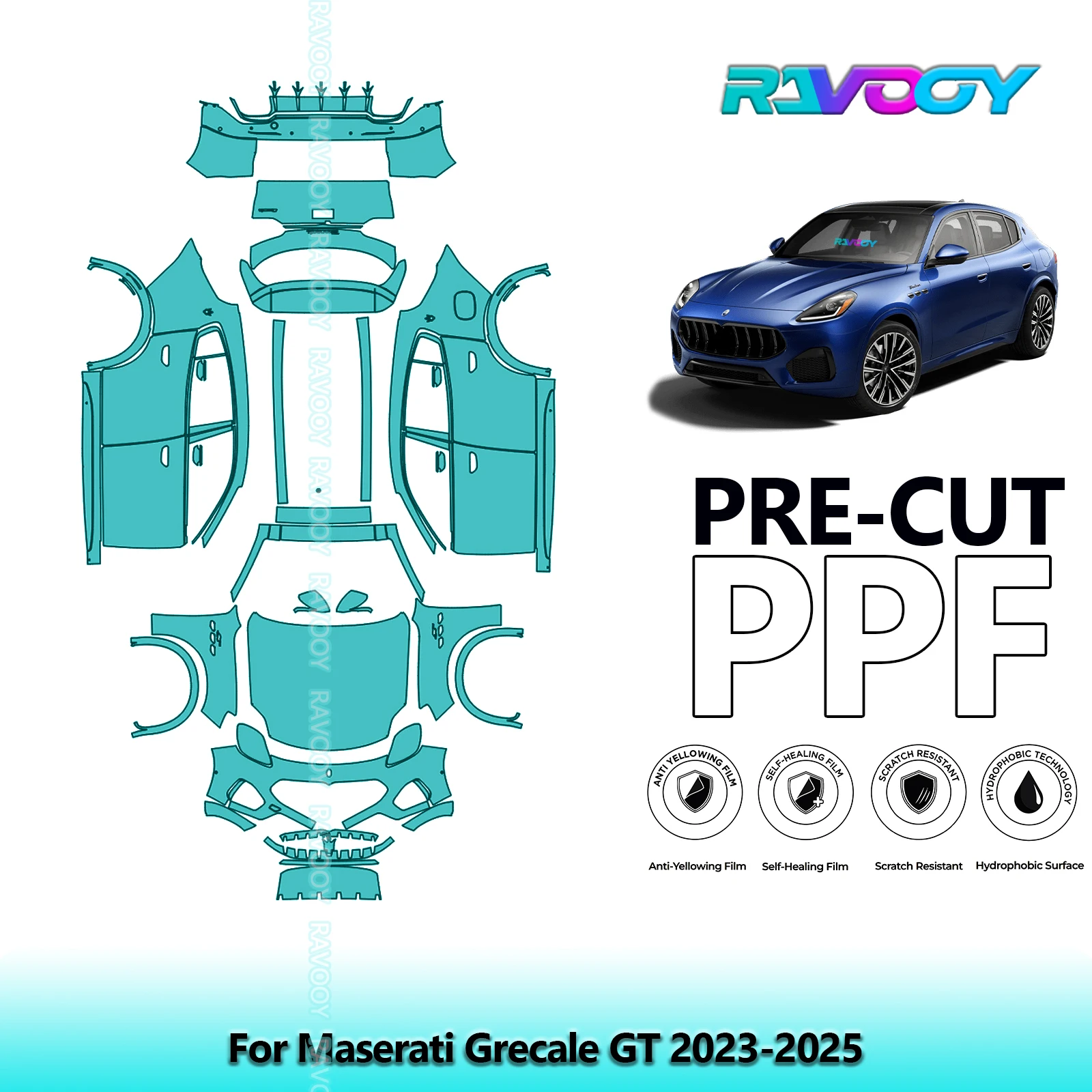 RAVOOY 8.5Mil Custom-Fit Precut TPU PPF Full Vehicle Clear Bra Stone Guard EU UK For Maserati Grecale GT 2023-2026
