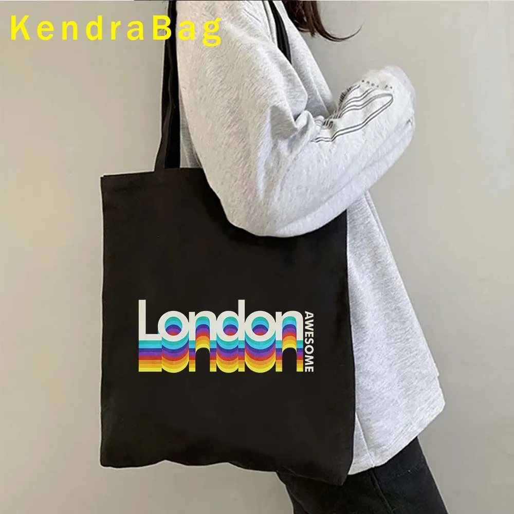 Retro Rainbow Letter Print BERLIN Bern LONDON NEW YORK NEVER SLEEPS Ottawa PARIS Vienna Canvas Totes Bag Cotton Shopper Handbags