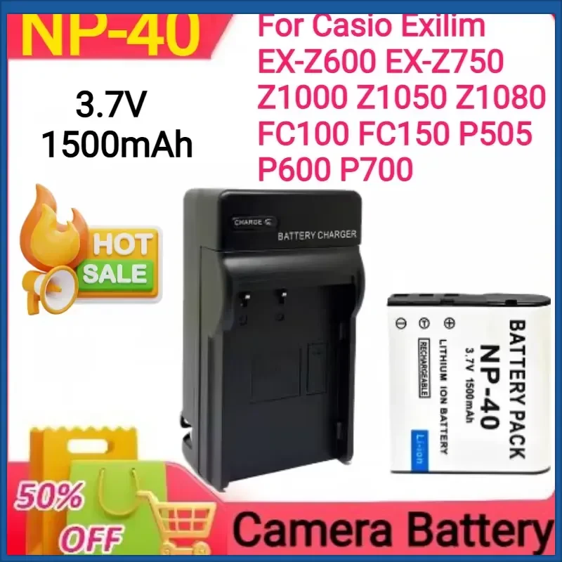 3.7V 1500mAh NP-40 Battery+Charger for Casio Exilim EX-Z600 EX-Z750 Z1000 Z1050 Z1080 FC100 FC150 P505 P600 P700 Camera