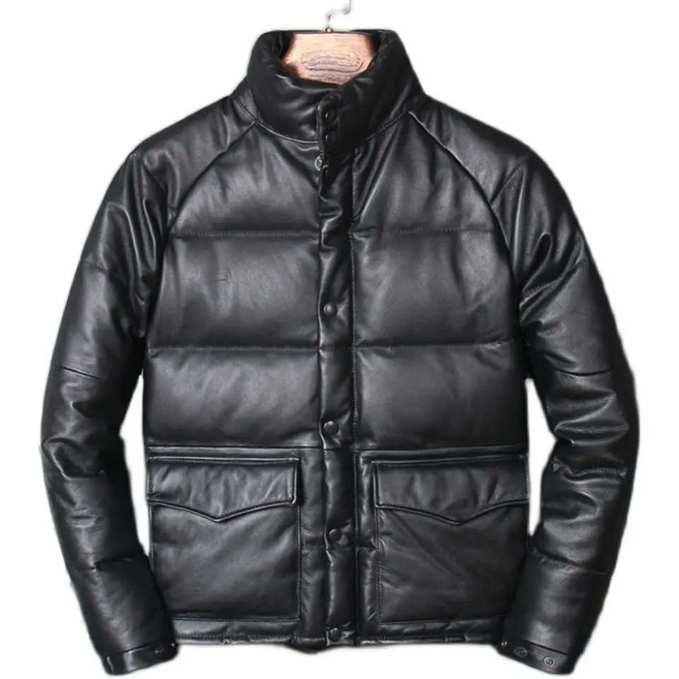 Genuine Leather Jacket Men Casual Thicken Warm Cowhide Down Jacket Male Stand Collar Coat Real Leather Man Puffer Jacket New