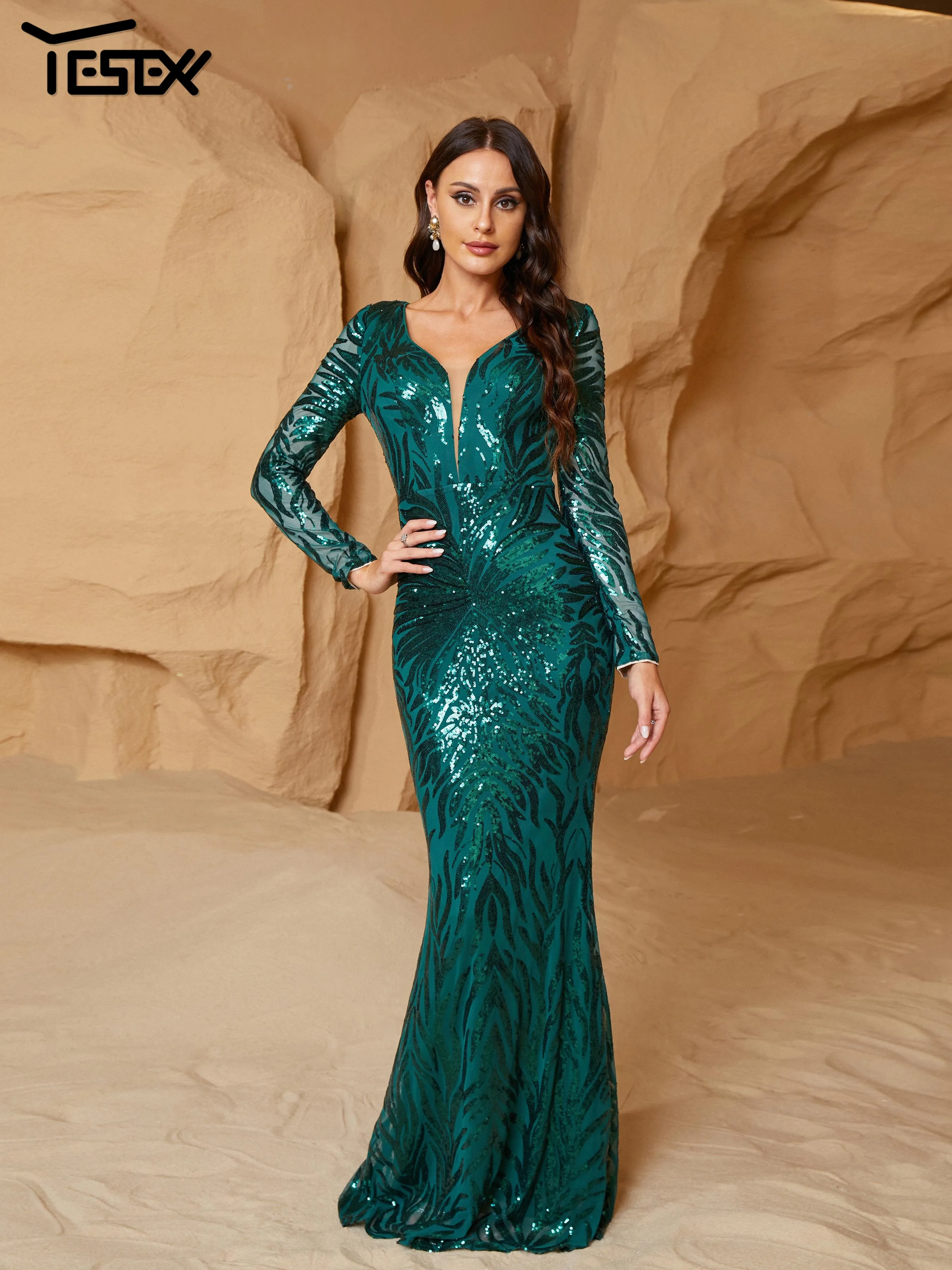 

Yesexy New Green V Neck Sequin Mermaid Evening Elegant Beautiful Women's Formal Occasion Wedding Birthday Party Dress