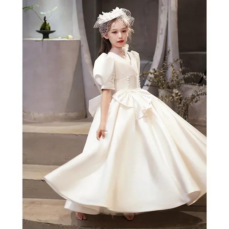 2023 Flower Girl Long Dress Kids Bridemaid Wedding Dresses For Children Big Bow Ball Gowns Girls Boutique Formal Elegant Frocks