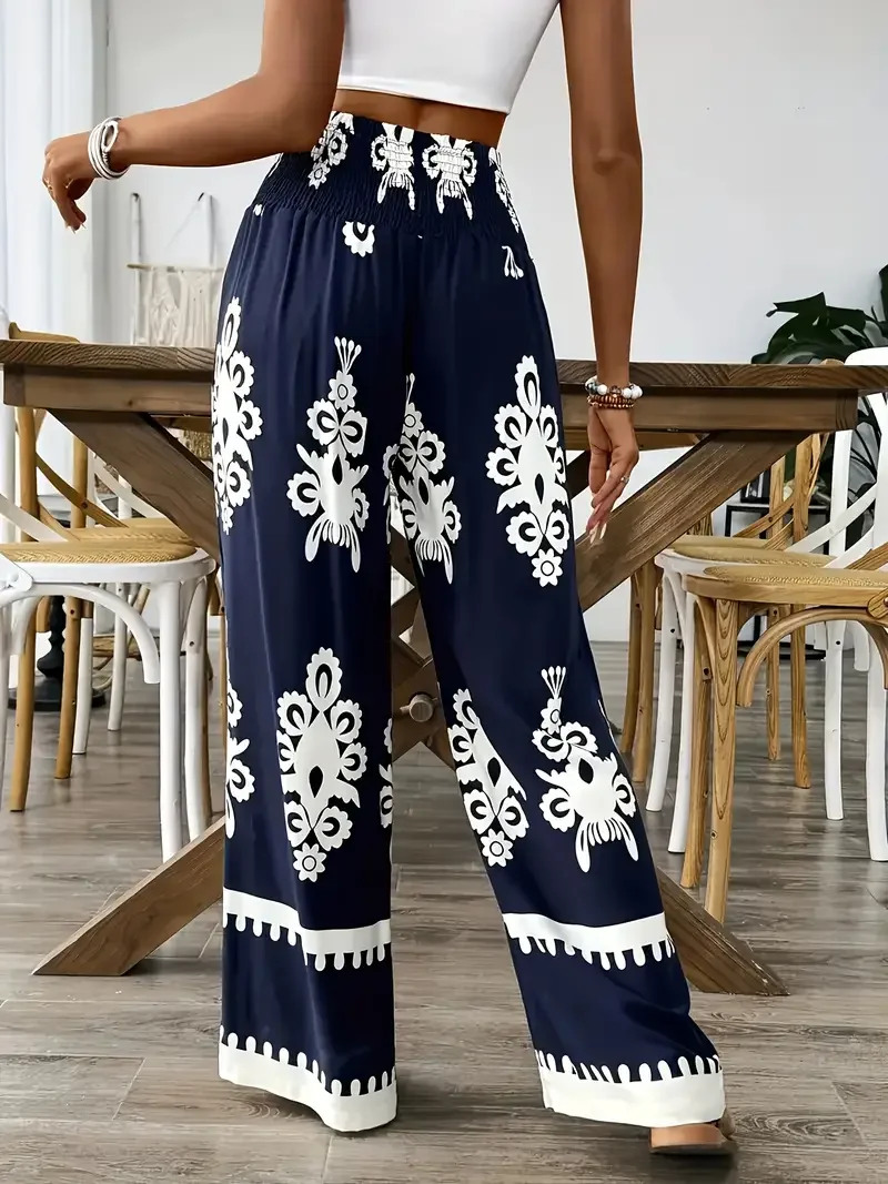 Taglie forti 1XL-5XL Pantaloni a gamba larga con stampa floreale moda donna Pantaloni lunghi larghi a vita alta con coulisse elegante casual femminile