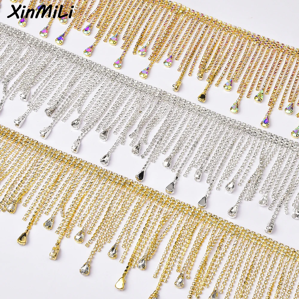 Copper Metal 7.5cm Water Drop Crystal Fringe Trim Sparkling Diamond Tassel Rhinestone Chain DIY Clothing Jewelry Accessories