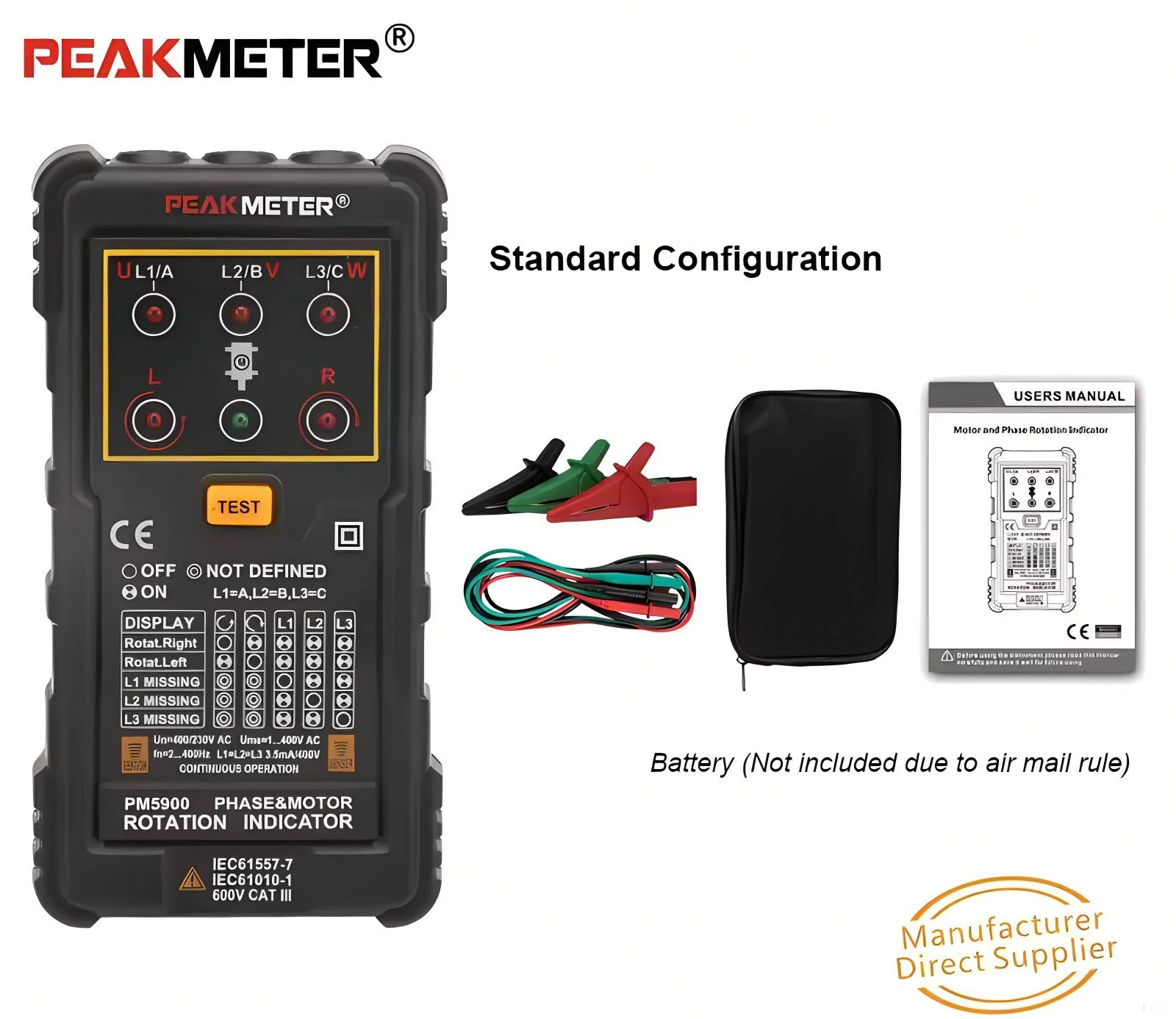 Peakmeter PM5900 Three Phase Motor Phase Rotation Tester Indicator 120V - 400V AC Operating Voltage Range High Safety