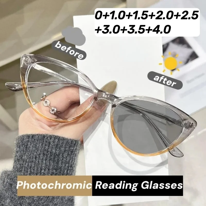 

Photochromic Blue Light Blocking Reading Glasses Large Frame Cat-Eye Turn Grey Presbyopia Glasses Outdoor UV Protection Eyewear