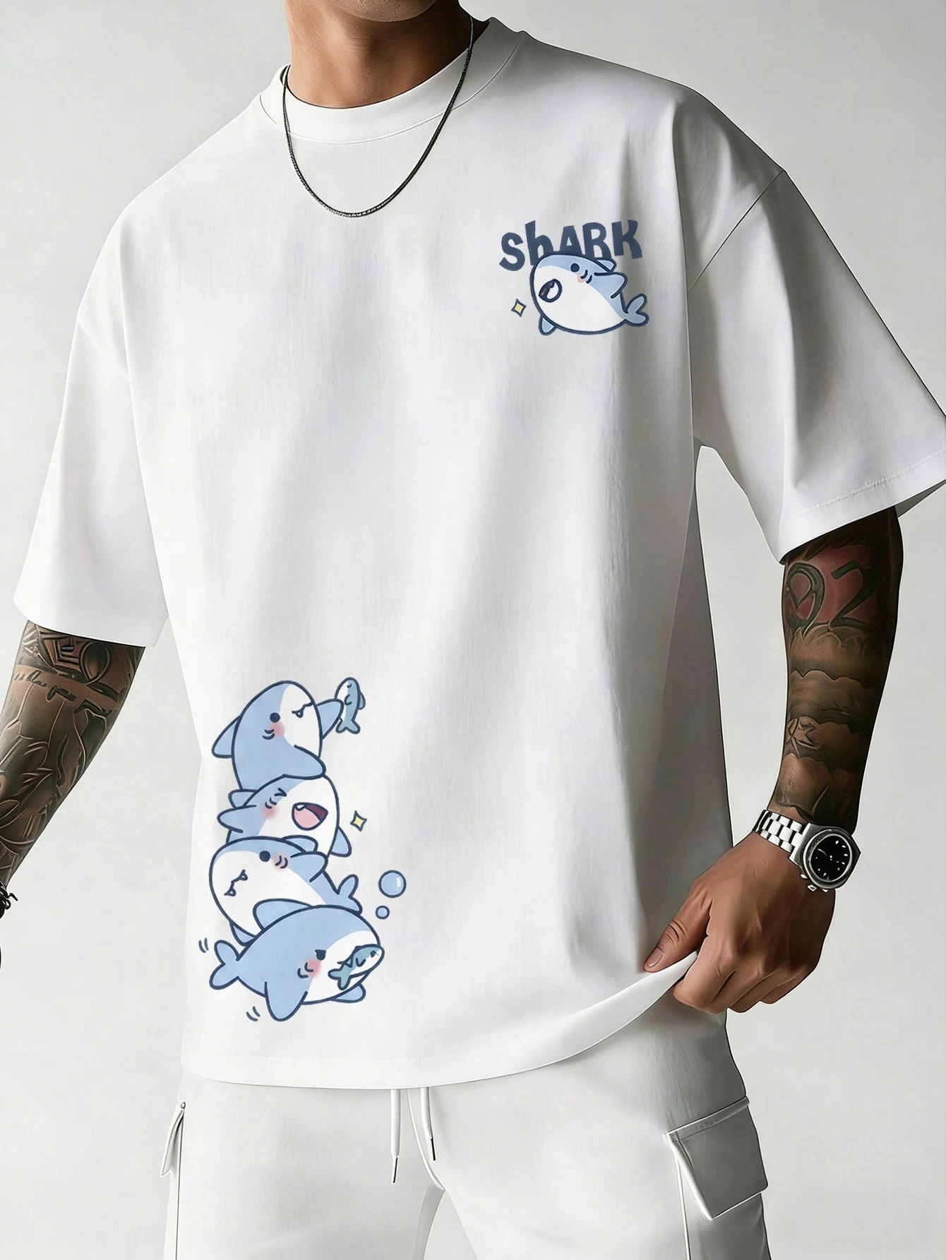 Summer Men's 100% Cotton Fashionable Casual Shark Print Loose Round Neck Short Sleeved T-Shirt