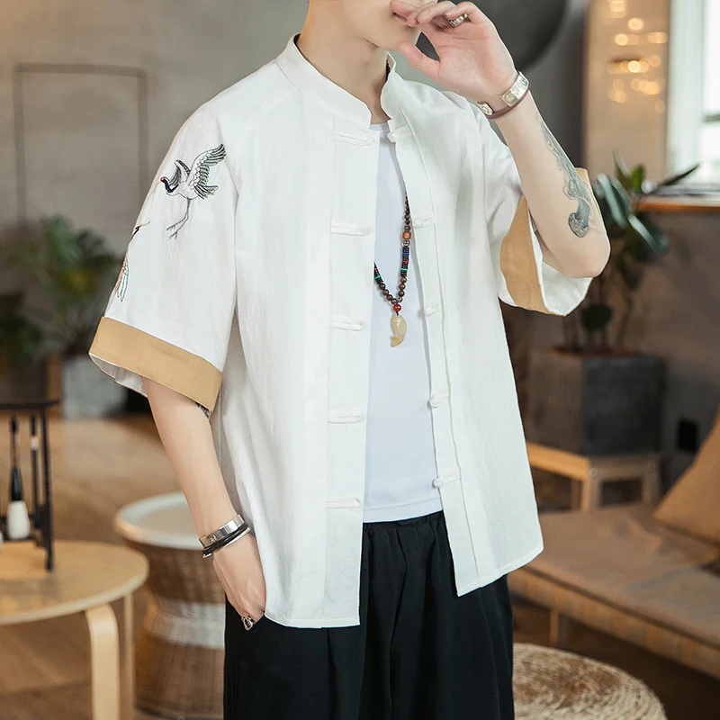 Men Shirts Kungfu Tai Chi Casual Short Sleeve Embroidered Crane Chinese Style Retro Linen Cardigan Tang Suit Mens Breathable Top