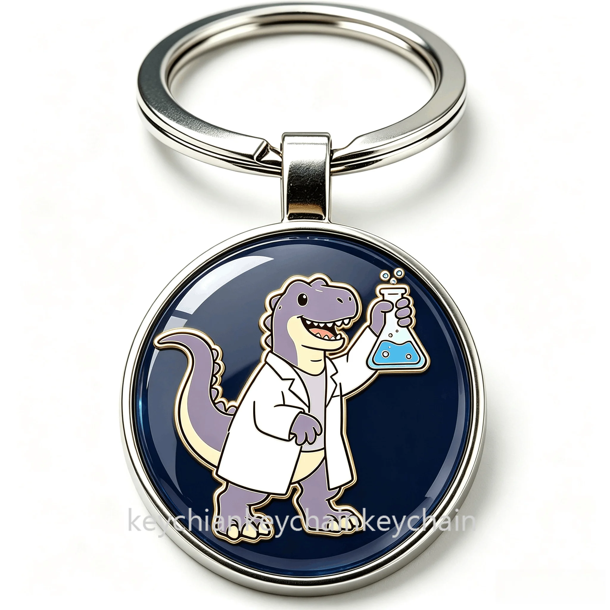 Blue Background Dinosaur Scientist Keychain Cartoon Dino Holding Conical Flask Keyring Science Gift