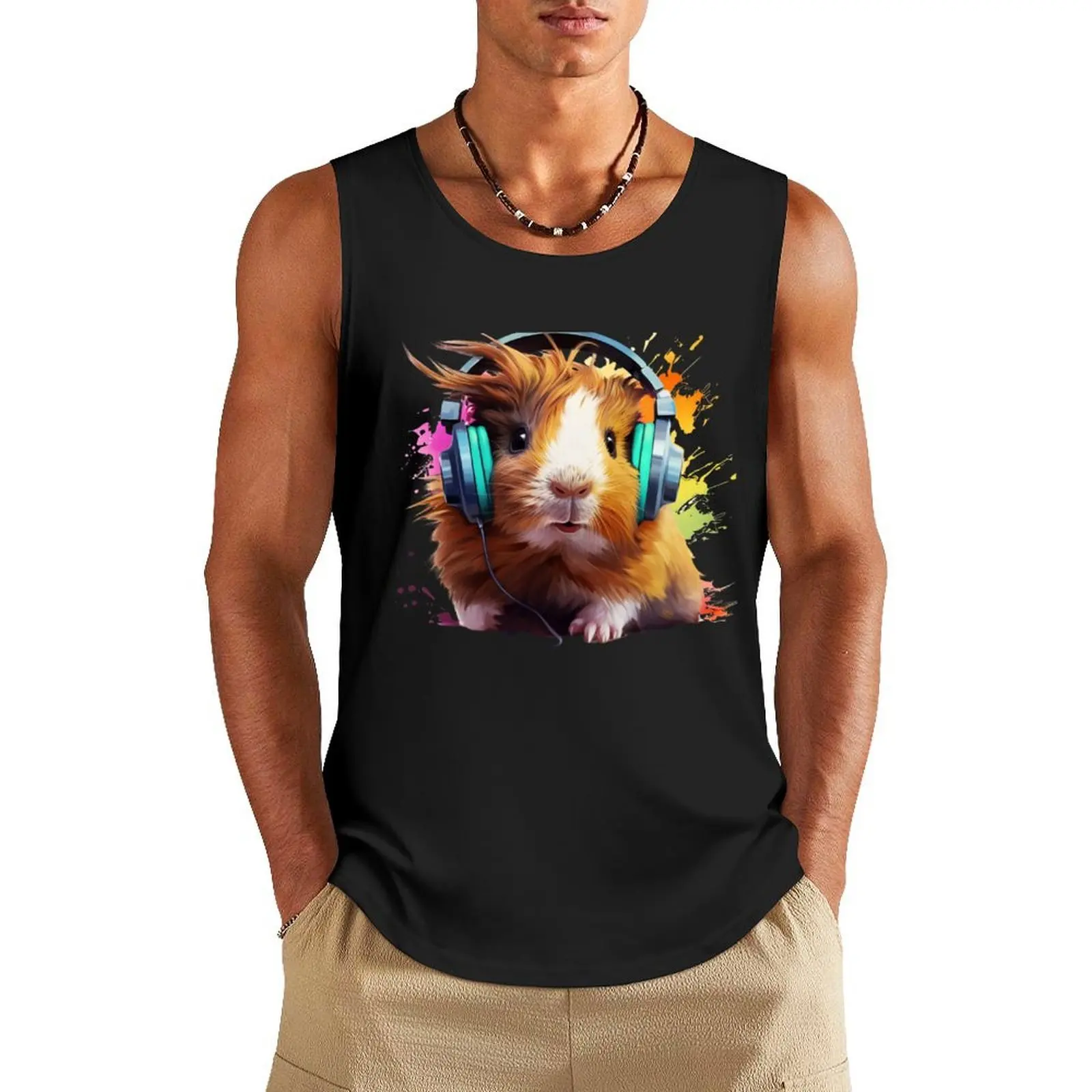 

Watercolor Headphones Funny Guinea Pig Tank Top cotton t-shirts man clothes for men summer Men's t shirt