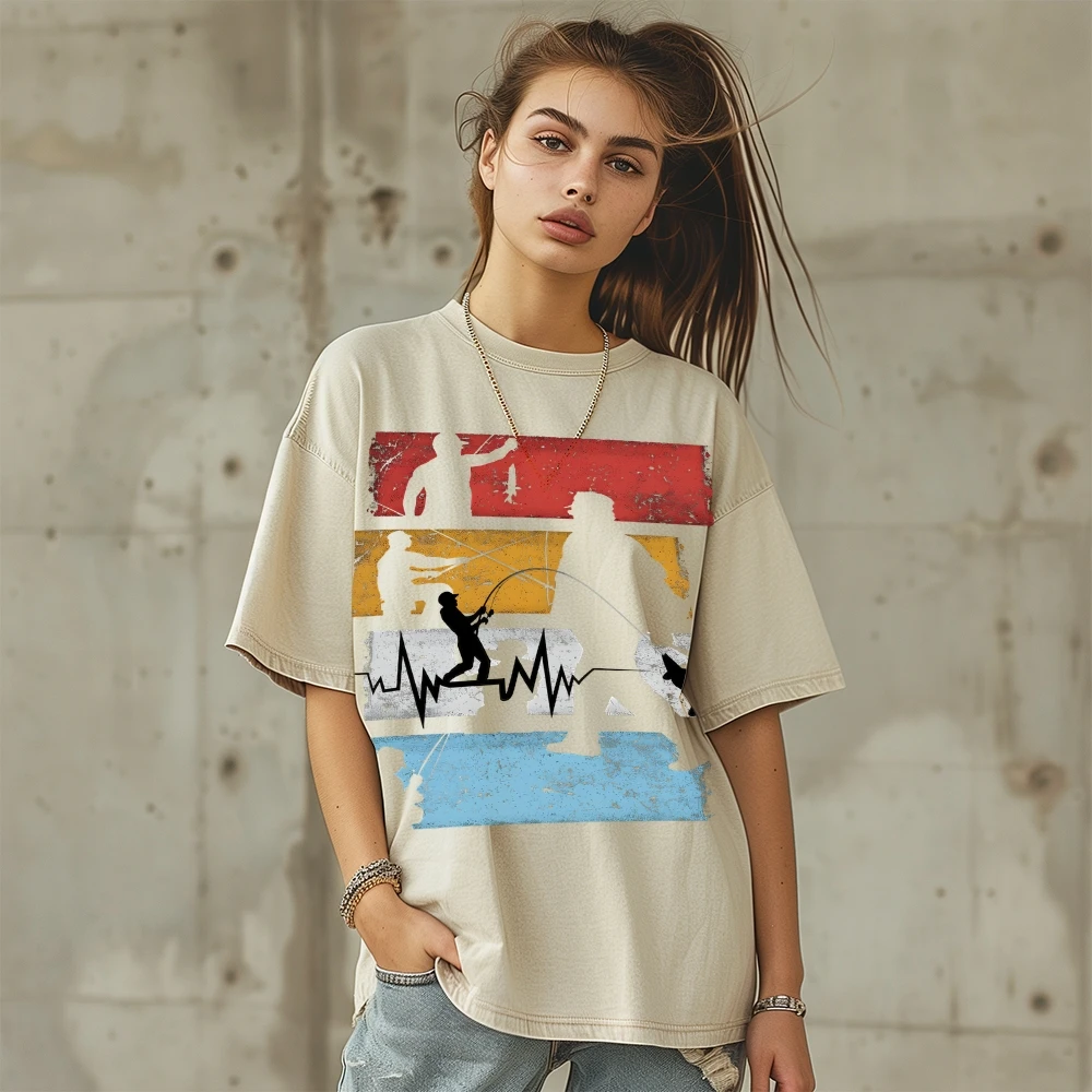 تي شيرت أنماط فريدة من نوعها لصيد السمك، ملابس نسائية، تي شيرت مغسول، كاجوال نسائي، رسومات Y2k، مرسومة يدويًا، طراز ريترو خارجي