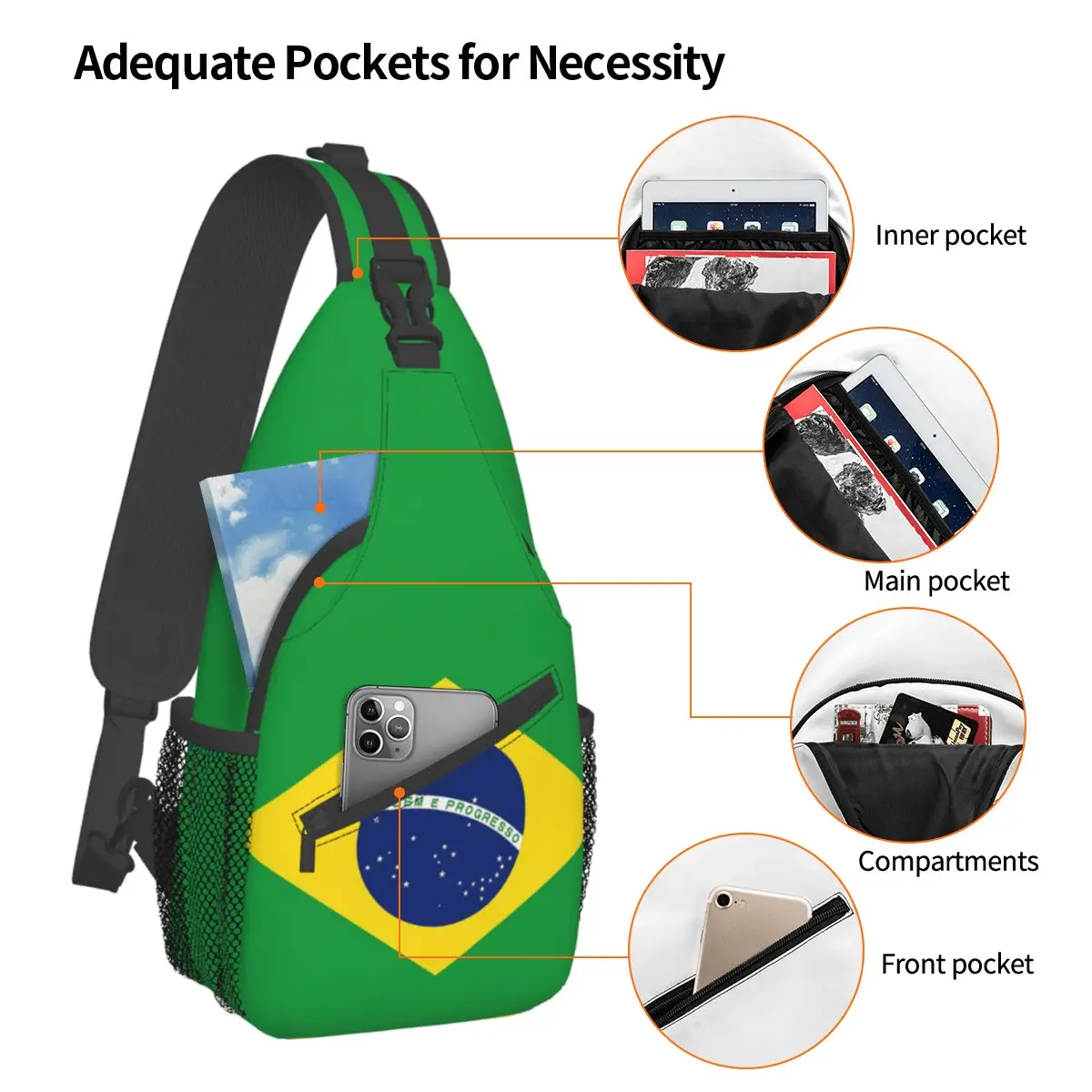 Bandolera con bandera de Brasil, Bolso pequeño de pecho, mochila de hombro, mochila de día para viajes, senderismo y deportes