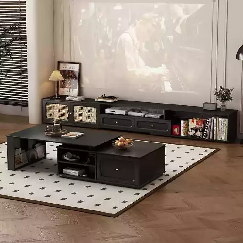 

Black solid wood TV cabinet retractable living room home French retro rattan TV coffee table combination