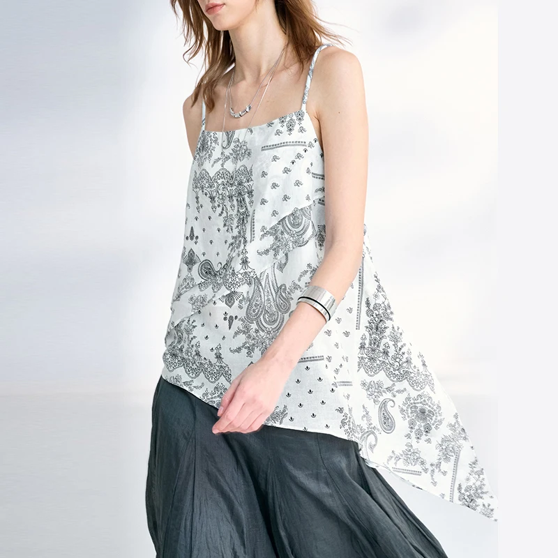 Chic Print Asymmetrical Diagonal Camisole Top for Women Vacation Boho-Style Flowy Backless Tops Ramie Lyocell Summer Tank Top