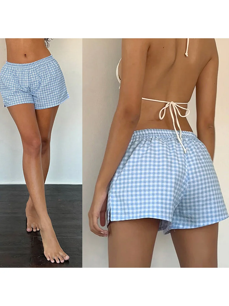 Women Fashion Plaid Shorts Elastic Waist Casual Shorts E-girls Summer Streetwear