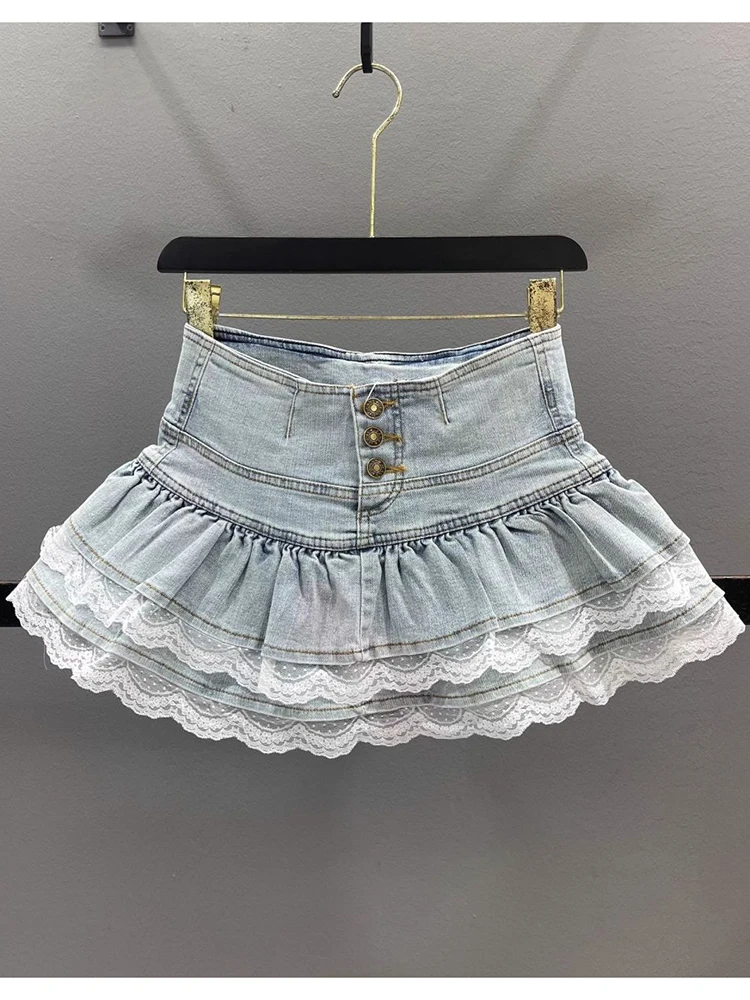 Summer Retro New Denim Shorts Women Sexy High Waist Lace Jeans A Line Cake Shorts Fashion Casual All Match Lady Jeans Shorts