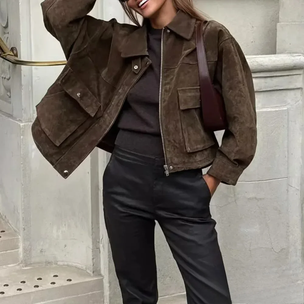 

KONDALA Women Vintage Chic Pocket Jacket Lapel Loose Pilot Jacket 2025 Spring Fall Fashion High Street Elegant Casual Lady Jacke