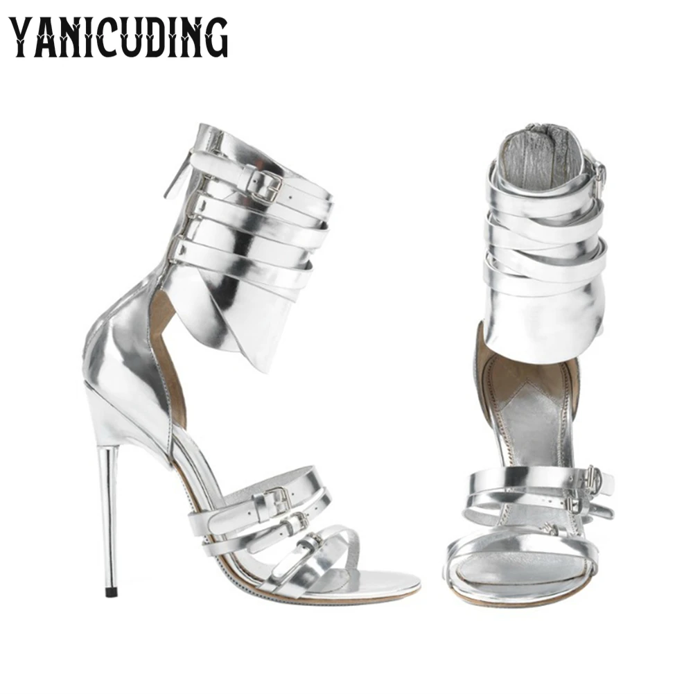 Luxury Gladiator Stiletto Sandals Multi-strap Buckle Design Summer Shoes Black Patent Leather Triple Buckle Ankle Cuff Sandals