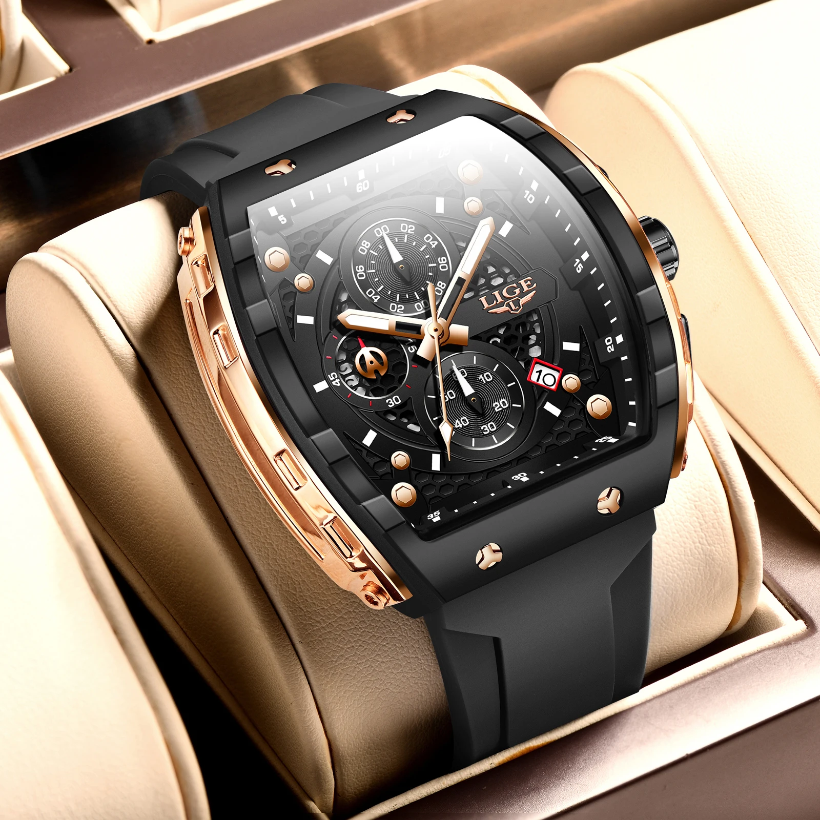 LIGE Outdoor Square Casual Sport Quartz Man Watch Top Brand Luxury Watches Fashion 50M Waterproof Auto Date Silicone Chronograph image 4