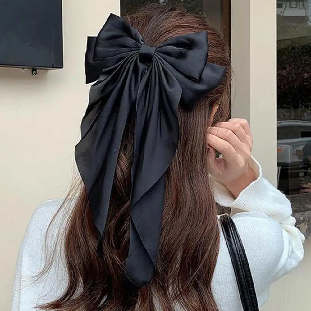 Women Hairpin Solid Color Big Bow-knot Hair Clip Elegant Double Layers Long Hair Decoration Satin Vintage Ponytail Clip