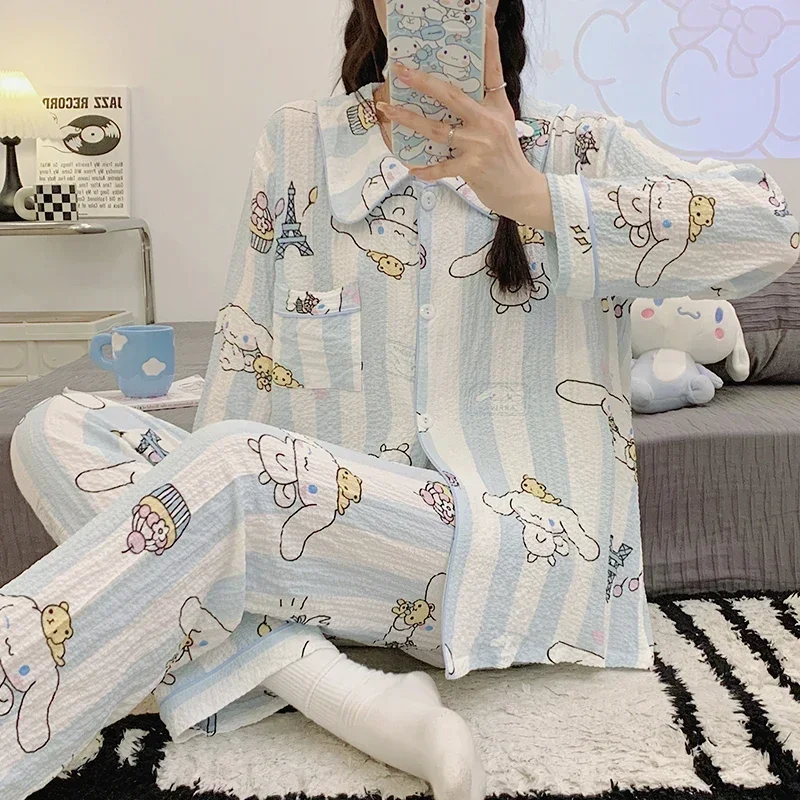 Sanrio jade cinnamon dog silk pajamas women's autumn pure cotton cartoon long-sleeved trousers loose home women's pajamas set