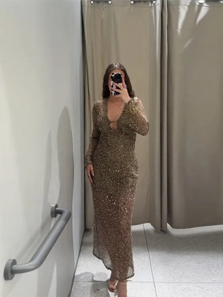 

Sexy Sequins V-neck Women's Maxi Dress Fashion Long Sleeve Solid High Waist Slim Fit Dresses Female Summer Chic Holiday Casual