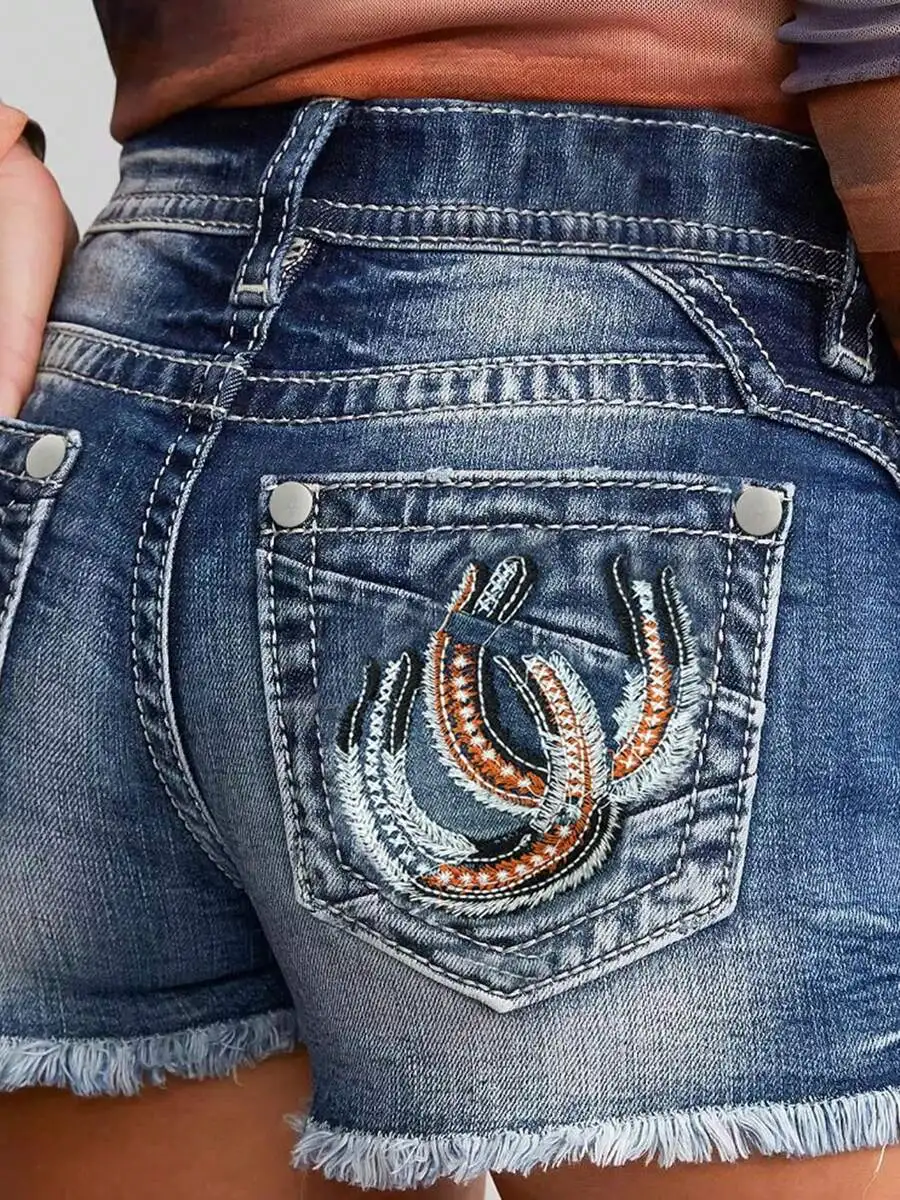 

Women Denim Shorts Mid Rise Raw Hem Stretch Embroidery Back Pocket