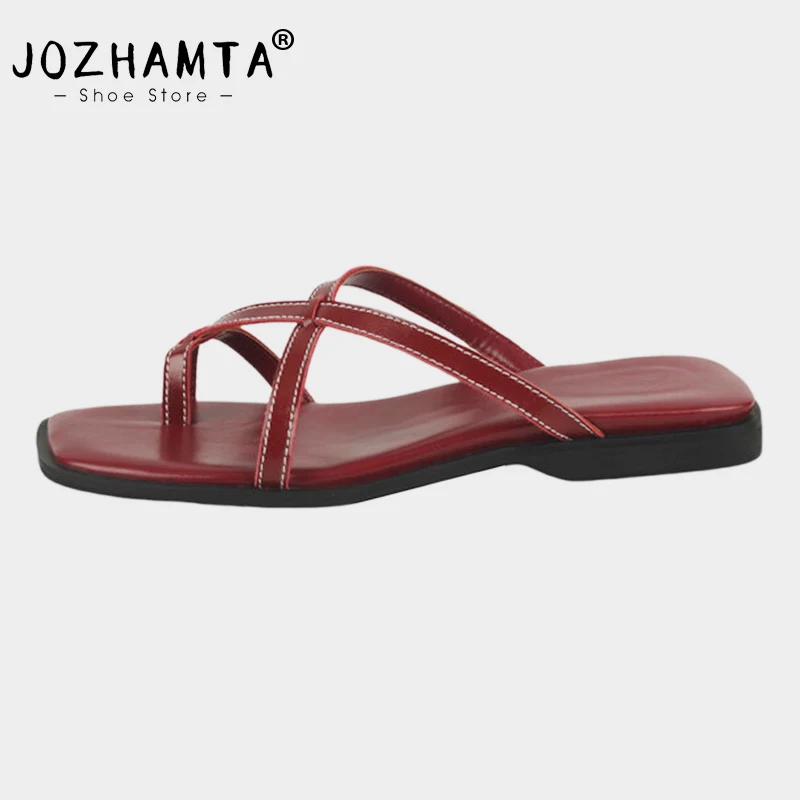 JOZHAMTA Size 34-39 Women Sandals Real Leather Flip Flops Flats Heels Summer Shoes 2025 Ins Mules Sexy Party Dress Slippers