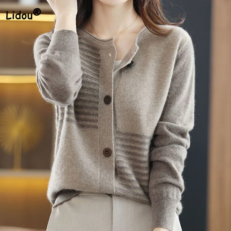 Women\'s Clothing Elegant Fashion Round Neck Button Knitted Cardigan Autumn Winter Loose Commute Female Striped Spliced Sweaters