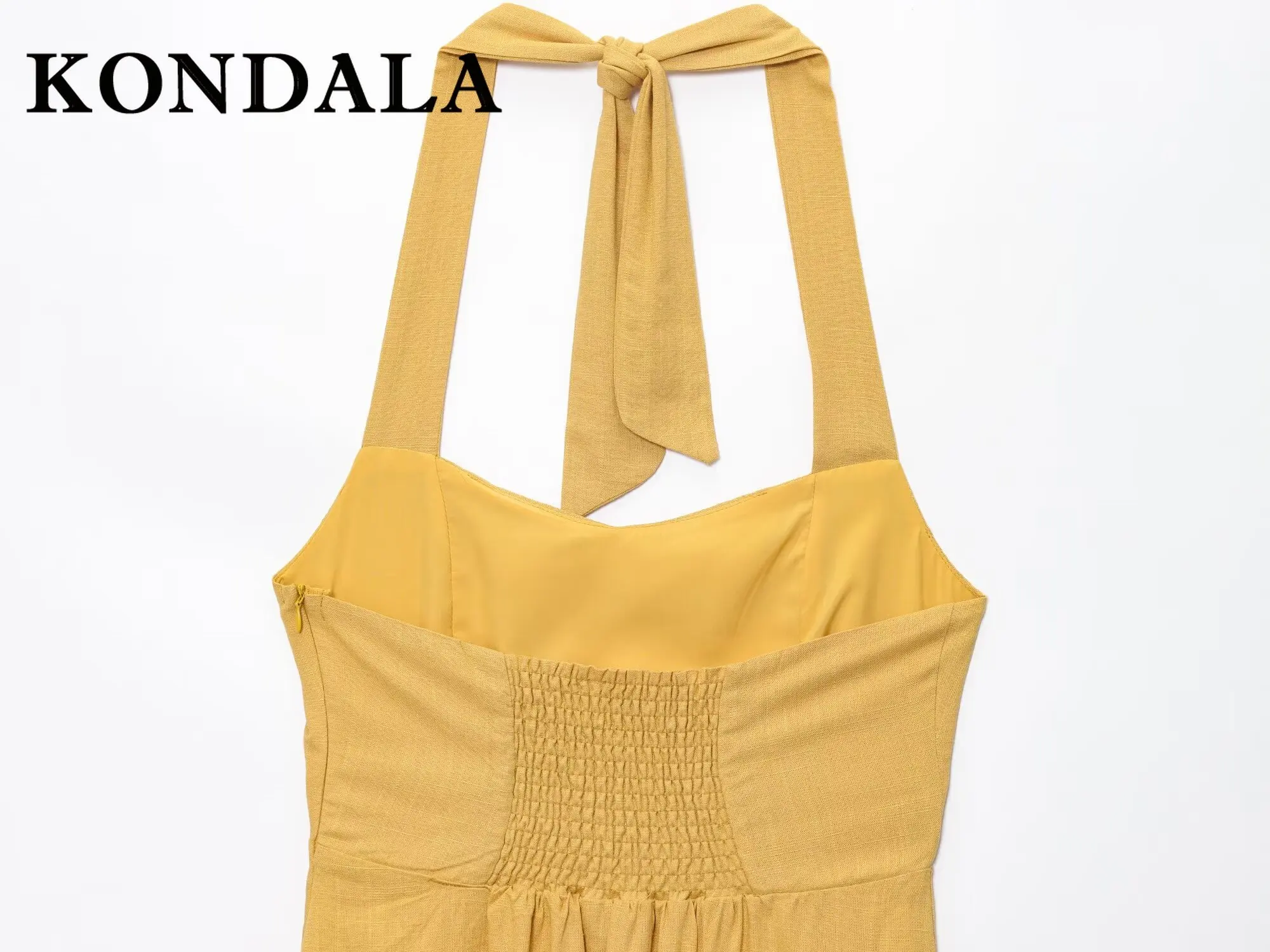 KONDALA Y2K Chic Yellow Streetwear Pleated Woman Dress Elegant Tank Sheath Dress Summer Night Party Fashion 2025 Halter Vestidos