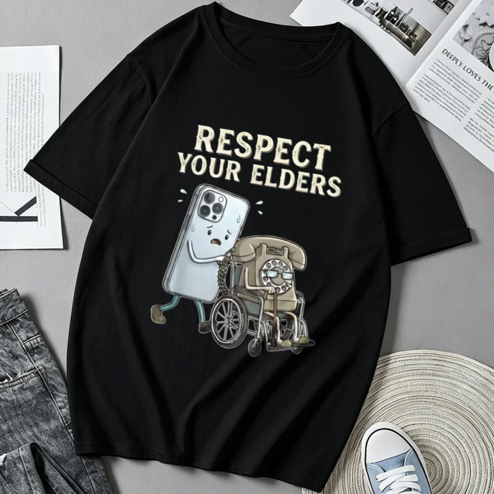 Respect Your Elders Retro Rotary Phone Smartphone T Shirt Men Women Funny Vintage Telephone Cartoon Tee Casual Short Sleeve Tops