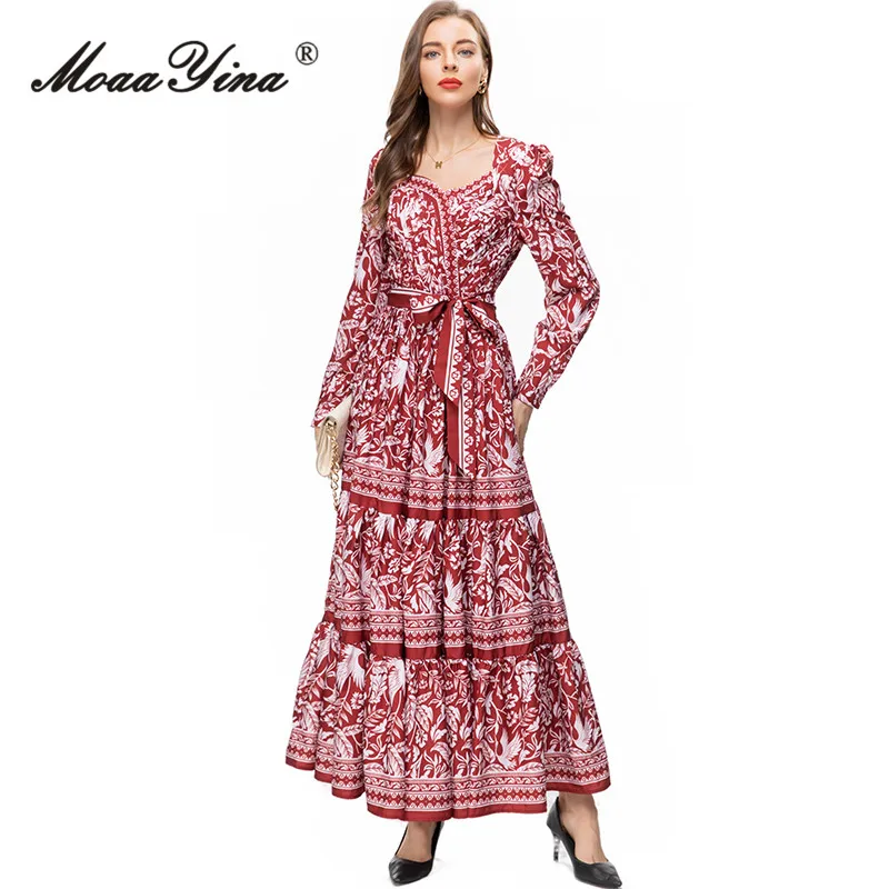 

MoaaYina Summer Fashion Runway Vintage Print Party Dress Women Square Collar Ruched High Waist Frenulum Ruffles Slim Long Dress