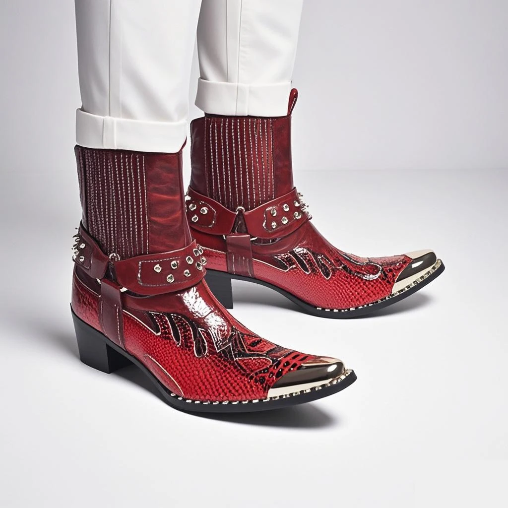 Herren-Designer-Stiefeletten aus echtem Leder mit Metallspitze, Nieten-Dekor und Print, Übergrößen, Cowboy-Motorrad-Schuhe für Business – Detail 17