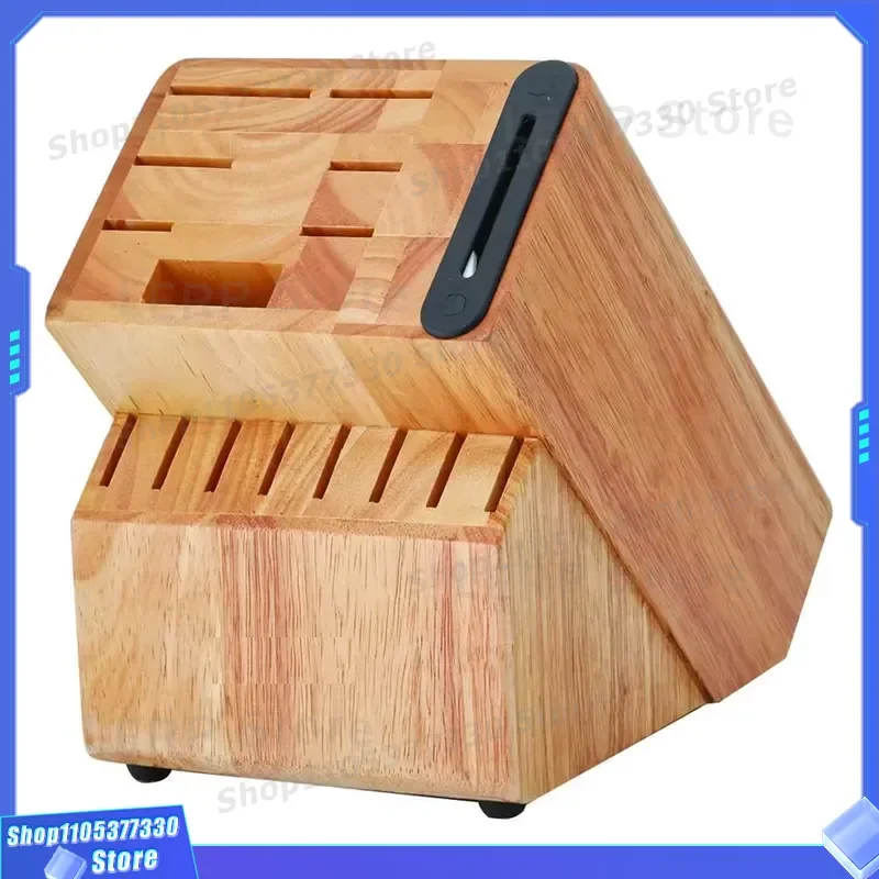 Durable Pine Wood Tool Holder Block with Built-in Sharpener for Kitchen Knives and Scissors Storage Organizer Stand Natural