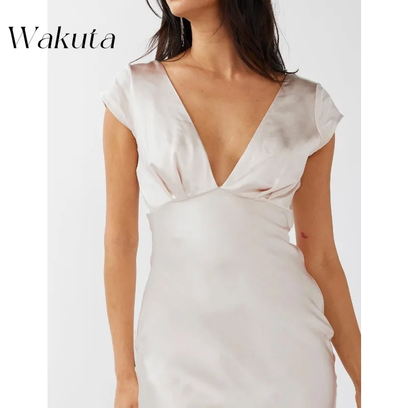 Wakuta Elegant Simple Satin V-Neck Cap Sleeve Solid Vestidos Sexy Backless Twisted Hollow Midi Wedding Guest Dresses فستان سهرة