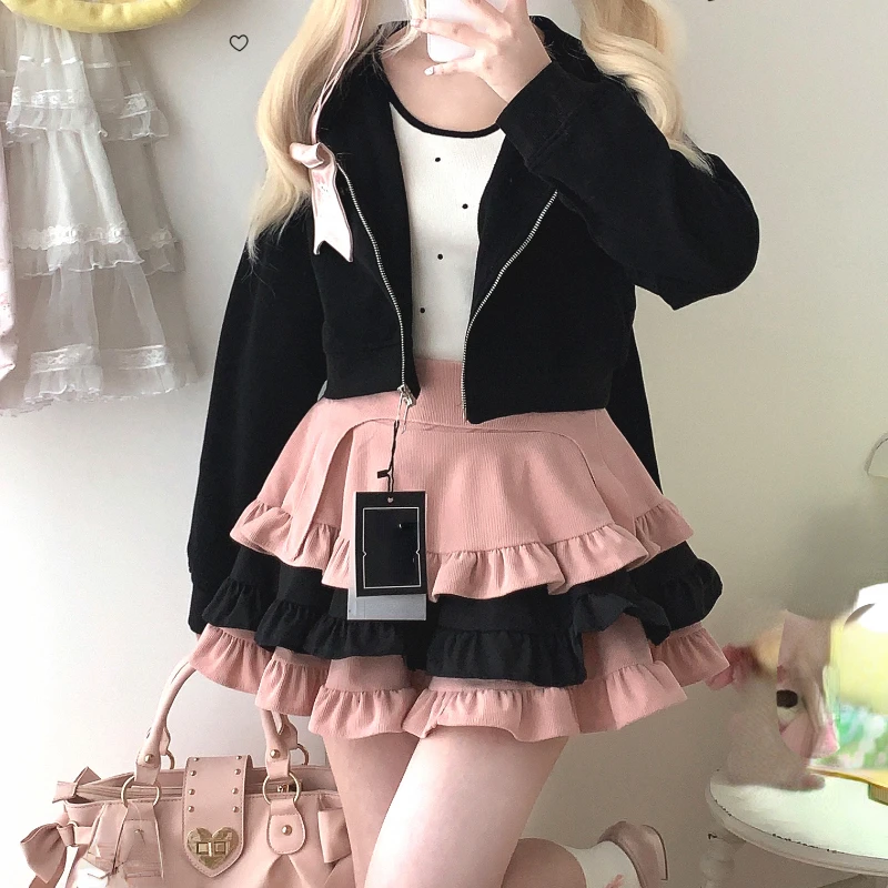 Autumn High Waist Mini Contrast Color Skirts Gothic Saia Ruffled Patchwork Pleated Women Casual College Lolita Harajuku Skirt