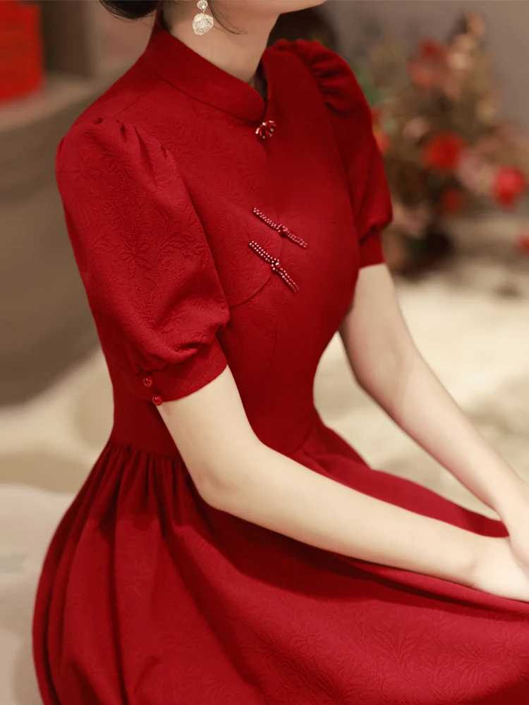 

Red Chinese Sle Engagement Wedding Dr Women's Sle ort Sve Breathable Polyester Fabric Mid-Length Skirt