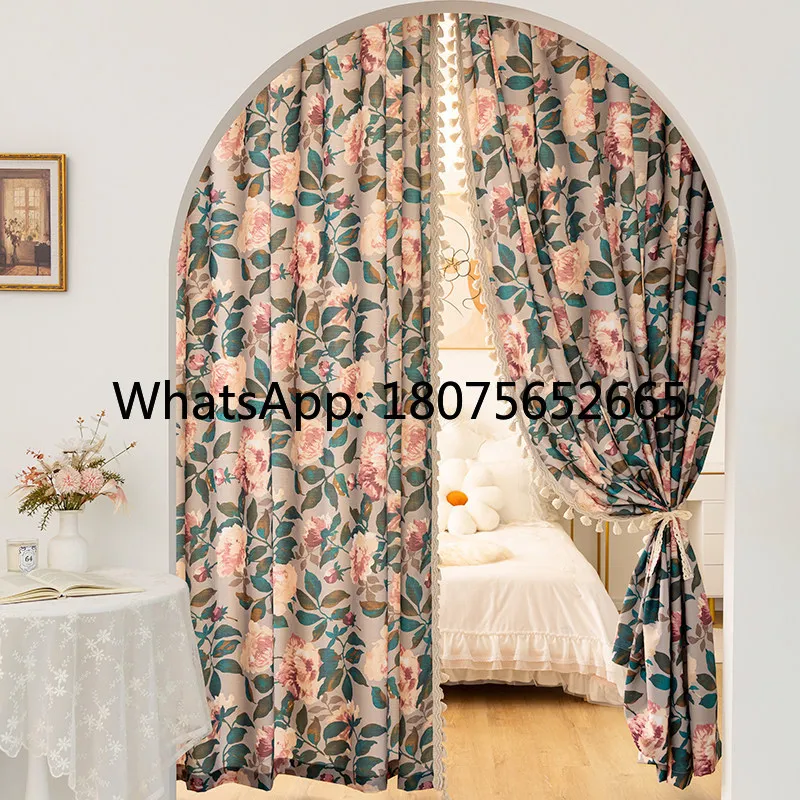 Retro dark green rose tassel curtains living room door curtains without punching