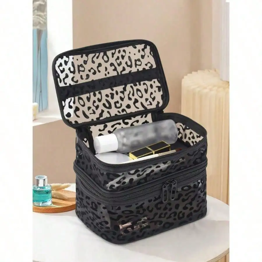 Borsa per cosmetici a doppio strato in rete nera con stampa leopardata da 1 pezzo, organizer portatile per trucco e articoli da toilette