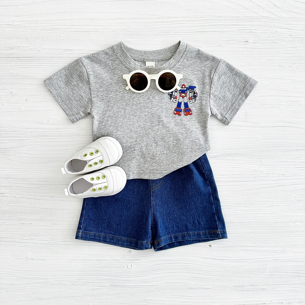 2024 New 2Pcs Baby Boys Clothes Set Robot Embroidery Short Sleeved T-shirt+denim Shorts Girls Suit Summer for 0-3Y Childrens