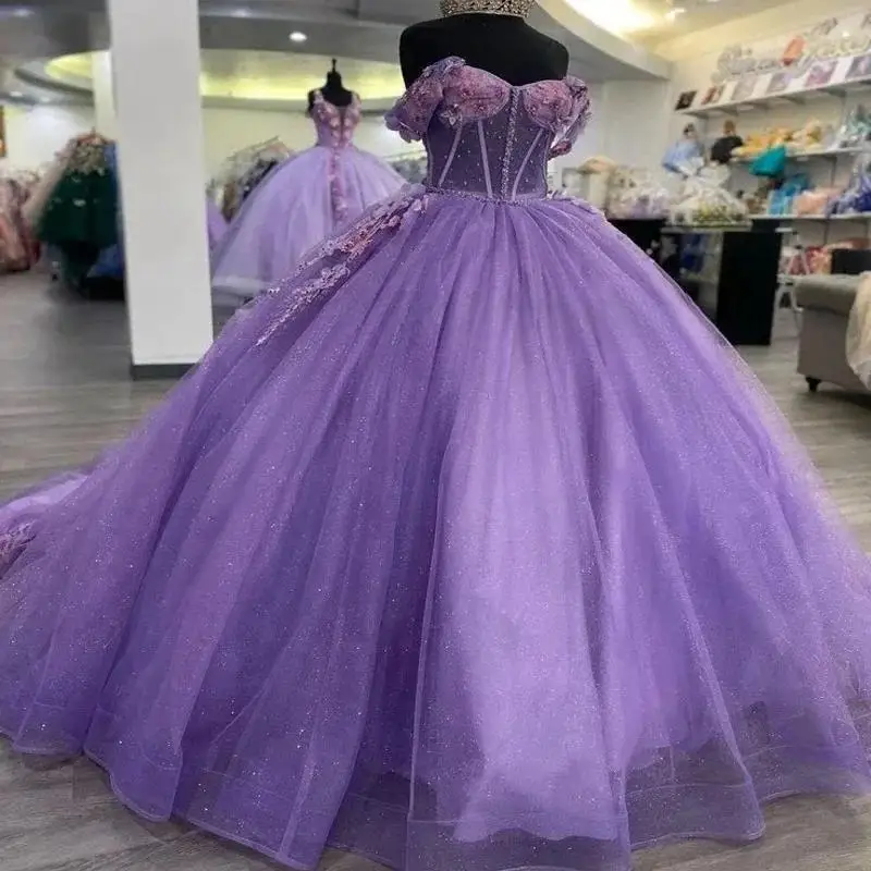 

Shiny Off Shoulder Quinceanera Dresses 3D Beading Flower Lace Sweet 16 Princess Birthday Party Vestidos De 15 Anos